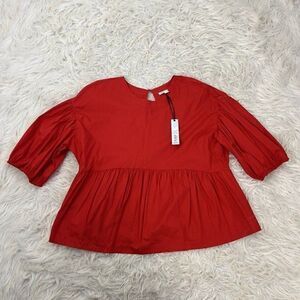 Prologue Red Balloon Sleeve Peplum Womens Romantic Blouse Size Large NWT Cotton
